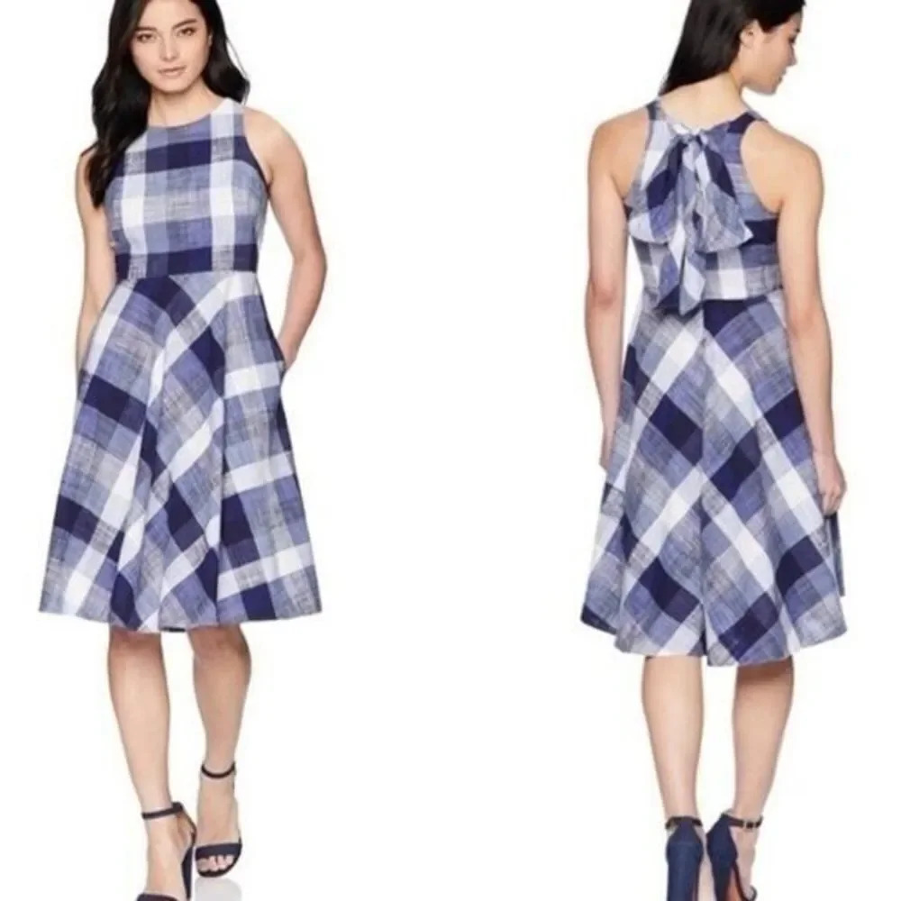 Eliza J Petite Blue Square Checkered Plaid Fit & Flare Midi Dress 0P
